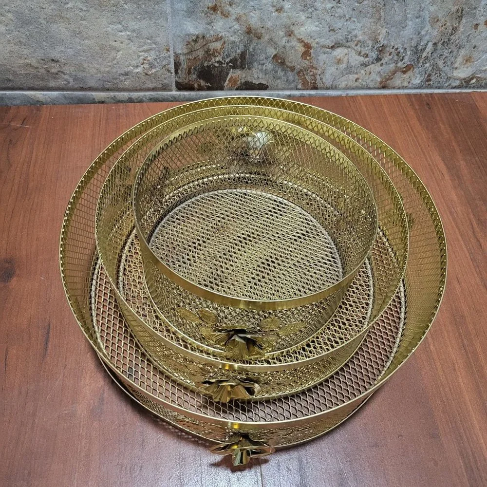 VTG Gold Plated Wire Mesh Baskets Round Metal Trays Rose Leaves Set of 3